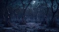 Dark surreal mangrove forest and moon eclipse, spooky trees in fairy tale jungle at night. Theme of horror, scary movie, tropical Royalty Free Stock Photo