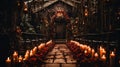 Dark surreal wedding venue in the style of dia de Los muertos. Event design and decorated with candles, flowers and lights