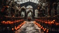 Dark surreal wedding venue in the style of dia de Los muertos. Event design and decorated with candles, flowers and lights