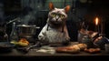 Dark Surrealism: Angry Grey Cat In A Kitchen With Smokey Background