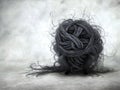 tangled dark yarn ball, textured surface, abstract composition, dark background