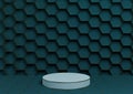 Dark teal, aqua blue 3D rendering product display podium luxurious golden honeycomb abstract background with cylinder stand