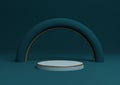 Dark teal, aqua blue 3D rendering simple product display cylinder podium or stand with golden lines minimal composition with an