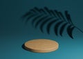 Dark teal, aqua blue simple 3D render minimal natural product display composition with one wood podium or stand with palm leaf