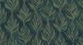 Dark Teal Background with Repeating Pattern of Stylized Green Leaves and Gold Outlines (453 Royalty Free Stock Photo
