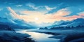 Dark Teal and Light Skyblue Mountainscape with Lake, River Valley, and Clouds AI Generated