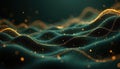 Dark teal waves shimmer with golden light and dots. Abstract flowing patterns create illusion of mountainous terrain with Royalty Free Stock Photo