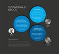Dark testimonial reviews section layout template with blue circle speech bubbles Royalty Free Stock Photo