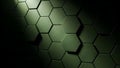 A dark, textured background featuring a pattern of green hexagonal tiles with a subtle light source, creating a modern Royalty Free Stock Photo
