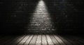 Dark Brick Wall and Wooden Floor Illuminated by Spotlight textured Royalty Free Stock Photo