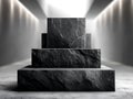 Dark textured stone blocks arranged in a pyramid formation, illuminated by soft light, creating a dramatic atmosphere for Royalty Free Stock Photo