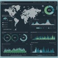 A dark-themed data analytics dashboard displays a world map highlighting various Royalty Free Stock Photo