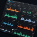 Dark-themed data dashboard displaying various charts and graphs. Features line Royalty Free Stock Photo