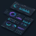 Dark-themed digital dashboard displaying various data visualization elements, Royalty Free Stock Photo