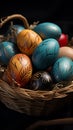 Dark themed setting with a basket of beautifully colored Easter eggs