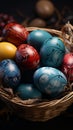 Dark themed setting with a basket of beautifully colored Easter eggs