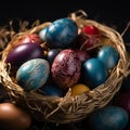 Dark themed setting with a basket of beautifully colored Easter eggs