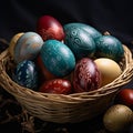 Dark themed setting with a basket of beautifully colored Easter eggs