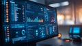 Dark Themed Workspace with Illuminated Computer Display and Data Visuals