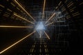 Dark triangle tunnel with glowing hud lines, 3d rendering Royalty Free Stock Photo