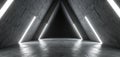 Dark triangular tunnel made of concrete slabs with bright neon lights. Abstract futuristic corridor with shadows on floor. Empty Royalty Free Stock Photo