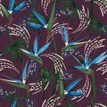 Dark Tropical flower,bird of paradise beautiful,Jungle leaf,exotic floral print seamless pattern,Design for fashion , fabric, Royalty Free Stock Photo