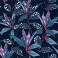 Dark Tropical forest night botanical Motifs scattered random. Seamless vector texture Floral pattern in the many kind of wild