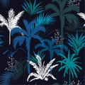 Dark tropical forest night leaves and tress hand drawn style s