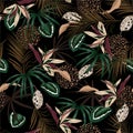 Dark Tropical jungle and colorful palm leaves, exotic palnts with animal skin seamless pattern floral design for fashion,