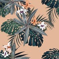 Dark tropical leaves with jungle plants. Seamless vector tropical pattern with green palm, monstera