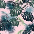 Dark tropical leaves with jungle plants. Seamless vector tropical pattern with green palm. Royalty Free Stock Photo