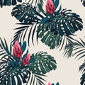 Dark tropical leaves with jungle plants. Seamless vector tropical pattern with green palm and monstera. Royalty Free Stock Photo