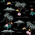 Dark Tropical seamless island pattern in black background.