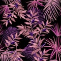 Dark Tropical seamless pattern with exotic palm leaves forest .
