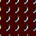 Dark tropical zoo seamless pattern with doodle penguin ornament. Maroon background. Animal exotic backdrop