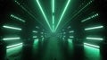 Dark tunnel with green led light, inside modern garage or hall, underground room interior. Concept of studio, background, Royalty Free Stock Photo