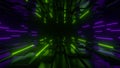 Dark tunnel illuminated by neon green purple lights. Digital space. Cyberspace decor element. Motion background. 3D Render Royalty Free Stock Photo