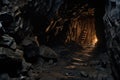 A dark tunnel illuminated by a solitary ladder leading deeper into the unknown, Dark mine tunnel, cave with rocks and wood, old Royalty Free Stock Photo