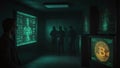 dark underground bunker with group of hackers, screen showed a broadcast of bitcoin transactions