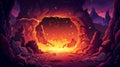 The dark underground mystery tunnel hole entrance in mountain is surrounded by molten lava flowing from a hole in the Royalty Free Stock Photo