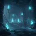 Ancient Underground Temple Illuminated by Ghostly Blue Flames. Generative AI Royalty Free Stock Photo