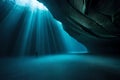 Dark Underwater Cave With Sunlight Beams. Deep Sea Cavern Nature, Undersea Exploration Concept. Generative AI Royalty Free Stock Photo