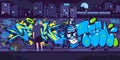 Dark Urban Graffiti Wall With Street Artist Painting Graffiti Drawings At Night Against The Background Of The Cityscape Vector Royalty Free Stock Photo