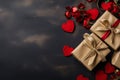 Dark Valentine's Day Background with Gifts, Hearts and Space for Text