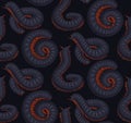 Dark vector seamless pattern with scary centipedes on gray background. Texture with cartoon julida. Gloomy fabric with millipede