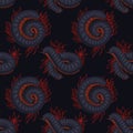 Dark vector seamless pattern with scary centipedes in roll with foliage and leaves on black background. Wallpaper with insect