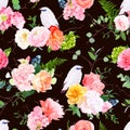 Dark vector seamless watercolor pattern with white bali starling bird and bouquets