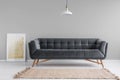 Dark,velvet sofa with wooden legs and a beige rug in a minimalist living room interior with gray walls. Real photo.