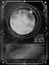 Dark Vertical Lunar Calendar of 2023 for Northern Hemisphere. Moon calendar with watercolor moon and silver elements