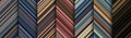 Dark vintage detailed striped geometric patterns composed of big amount of thin multicolored stripes